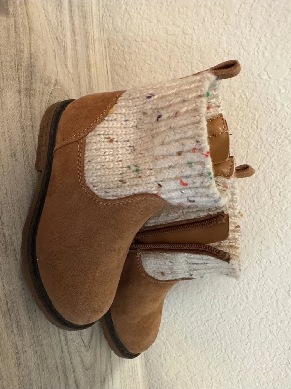 Cat & Jack Tan Booties with Cream Speckled Knit Cuff